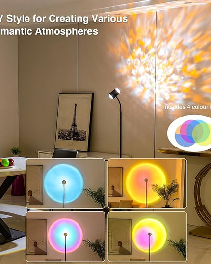 Sunset Lamp Projector with 3D Ocean Wave, 12 Colors Changing & Four Mode with USB Port, RGB Floor Lamp Double Side Lighting with Remote,Creative DIY Mode, 360° Rotation Atmosphere Lamp for Bedroom - LeafyLoom