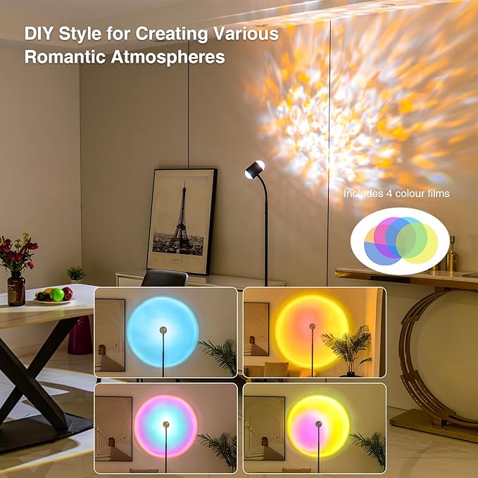 Sunset Lamp Projector with 3D Ocean Wave, 12 Colors Changing & Four Mode with USB Port, RGB Floor Lamp Double Side Lighting with Remote,Creative DIY Mode, 360° Rotation Atmosphere Lamp for Bedroom - LeafyLoom