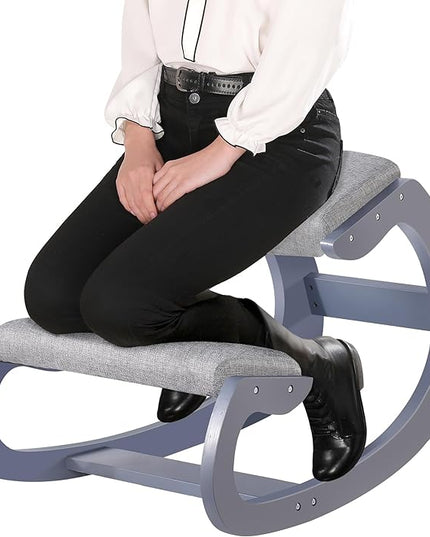 Ergonomic Kneeling Chair for Upright Posture - Rocking Chair Knee Stool for Home, Office & Meditation - Wood & Linen Cushion - Relieving Back and Neck Pain & Improving Posture (Grey) - LeafyLoom