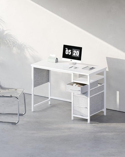 Ｍａｉｈａｉｌ Maihail Small Desk with Drawers, 40 inch Computer Desk with Shelves, Writing Desk with Storage, Small Office Desk with Metal Frame, White - LeafyLoom