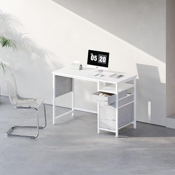 Ｍａｉｈａｉｌ Maihail Small Desk with Drawers, 40 inch Computer Desk with Shelves, Writing Desk with Storage, Small Office Desk with Metal Frame, White - LeafyLoom