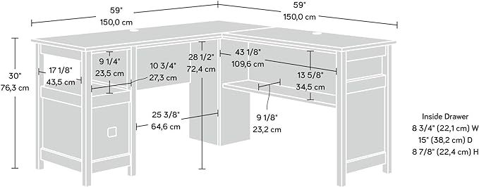 Sauder Cannery Bridge L-Desk, L: 59.06" x W: 59.06" x H: 30.04", Mystic Oak finish - LeafyLoom