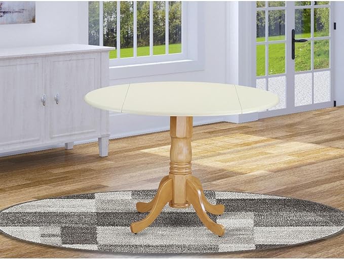 East West Furniture DLT-LOK-TP Dublin Kitchen Table - a Round Dining Table Top with Dropleaf & Pedestal Base, 42x42 Inch, Linen White & Oak - LeafyLoom