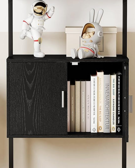 Yusong 73" Tall Bookshelf with Cabinet, Industrial Ladder Wall Mount Shelf Bookcase with Wood and Metal Frame, Plant Shelf Wall Storage Display for Living Room Bedroom, Black Wood Grain - LeafyLoom