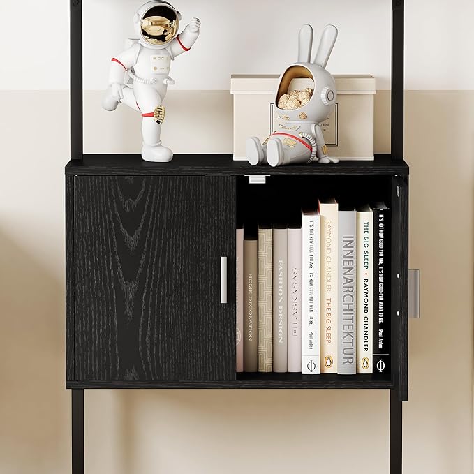 Yusong 73" Tall Bookshelf with Cabinet, Industrial Ladder Wall Mount Shelf Bookcase with Wood and Metal Frame, Plant Shelf Wall Storage Display for Living Room Bedroom, Black Wood Grain - LeafyLoom