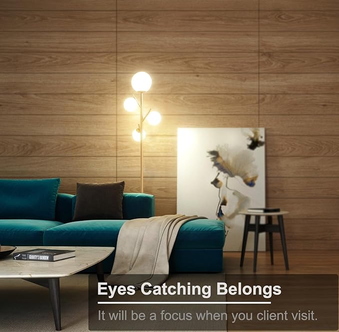 4 Globe Gold Floor Lamp, Modern Sputnik Tree Standing Lamp with Frosted Glass Ball Lampshade & 3000K LED Bulbs, Mid Century Contemporary Tall Lamp for Living Room, Bedroom - Antique Brass - LeafyLoom