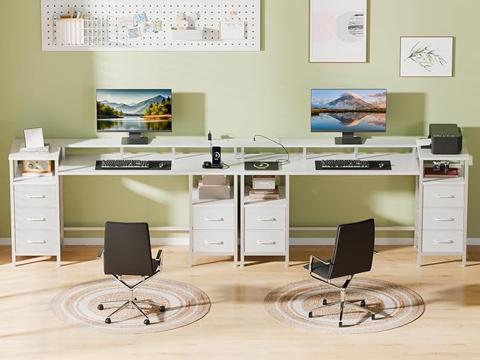 White Computer Desk with Power Outlets & LED Lights, Gaming Desk with 5 Fabric Storage Drawers for Working, 55 Inch Home Office Desk with Monitor Stand Shelves, Modern Vanity Desk for Bedroom - LeafyLoom