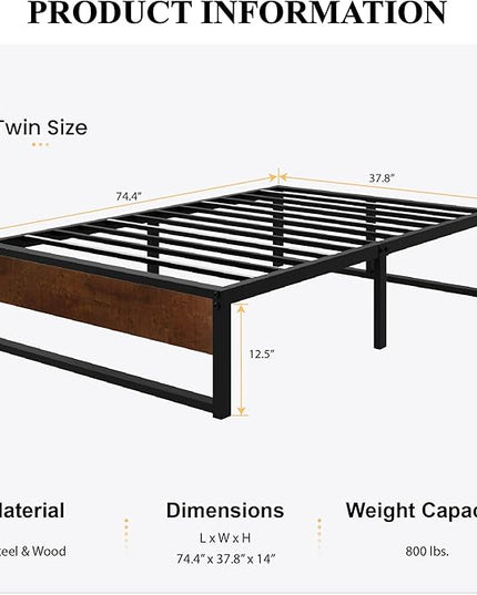 SHA CERLIN 14'' Twin Size Metal Platform Bed Frame with Rustic Wood & Reverse Holes/Ample Under-Bed Storage Space/Mattress Foundation/No Box Spring Needed/Easy Assembly - LeafyLoom