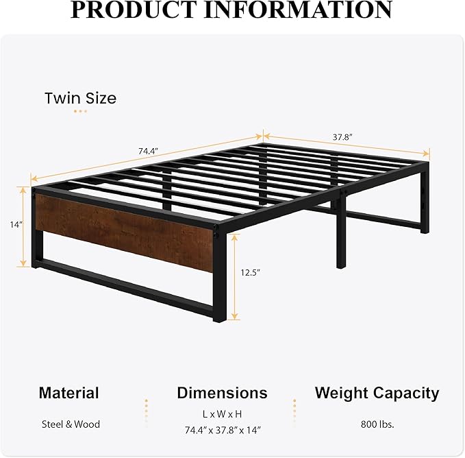 SHA CERLIN 14'' Twin Size Metal Platform Bed Frame with Rustic Wood & Reverse Holes/Ample Under-Bed Storage Space/Mattress Foundation/No Box Spring Needed/Easy Assembly - LeafyLoom