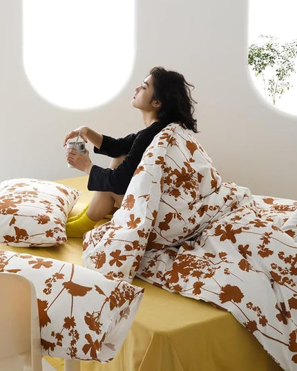Botanical Comforter Queen White Pumpkin Floral Plant Bedding Comforter Set Girls Garden Pattern Printed on White Blanket Rustic Leaf Blossom Women White Farmhouse Comforter Queen - LeafyLoom