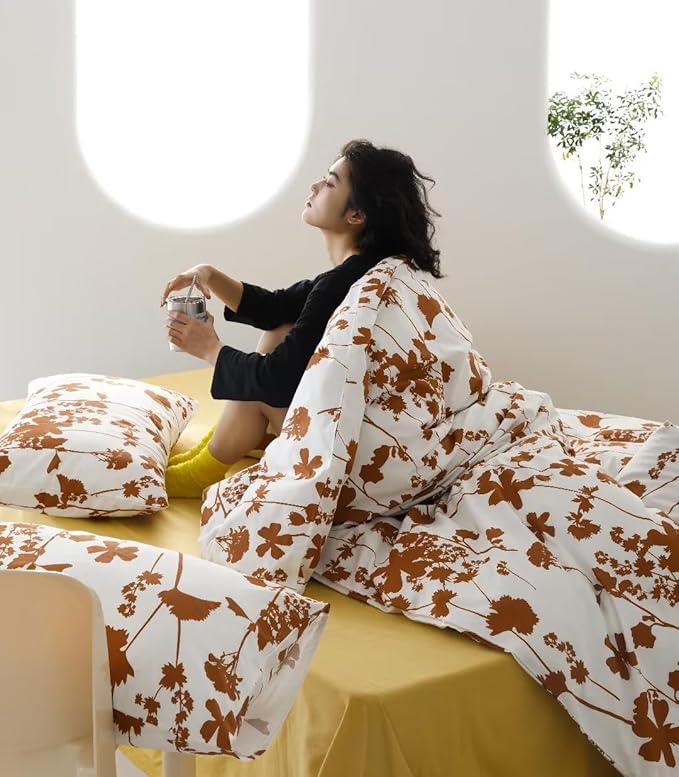 Botanical Comforter Queen White Pumpkin Floral Plant Bedding Comforter Set Girls Garden Pattern Printed on White Blanket Rustic Leaf Blossom Women White Farmhouse Comforter Queen - LeafyLoom