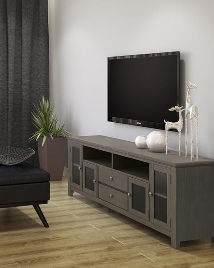 SIMPLIHOME Cosmopolitan SOLID WOOD Universal TV Media Stand, 72 inch Wide, Contemporary, Living Room Entertainment Center with Storage, for Flat Screen TVs up to 80 inches in Farmhouse Grey - LeafyLoom