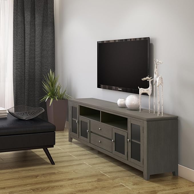SIMPLIHOME Cosmopolitan SOLID WOOD Universal TV Media Stand, 72 inch Wide, Contemporary, Living Room Entertainment Center with Storage, for Flat Screen TVs up to 80 inches in Farmhouse Grey - LeafyLoom