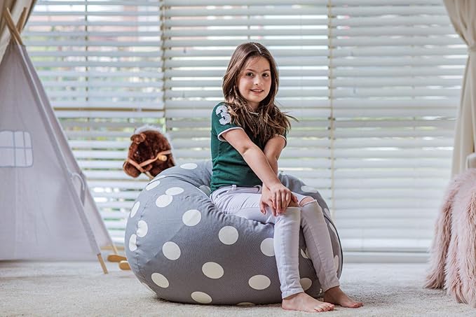 Wekapo Stuffed Animal Storage Bean Bag Chair Cover for Kids | Stuffable Zipper Beanbag for Organizing Children Plush Toys Large Premium Cotton Canvas (Gray Dot, X-Large) - LeafyLoom