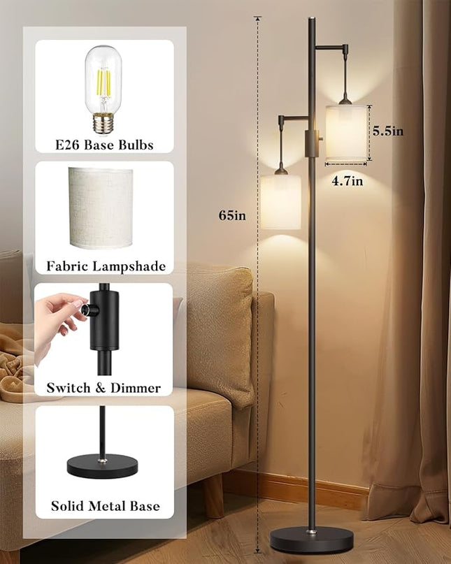 Lightdot 65IN Dimmable Tree Floor Lamp, Mid Century Modern Standing Lamps with 2 E26 3000K LED Bulbs, Industrial Tall Floor Lamp for Living Room - LeafyLoom
