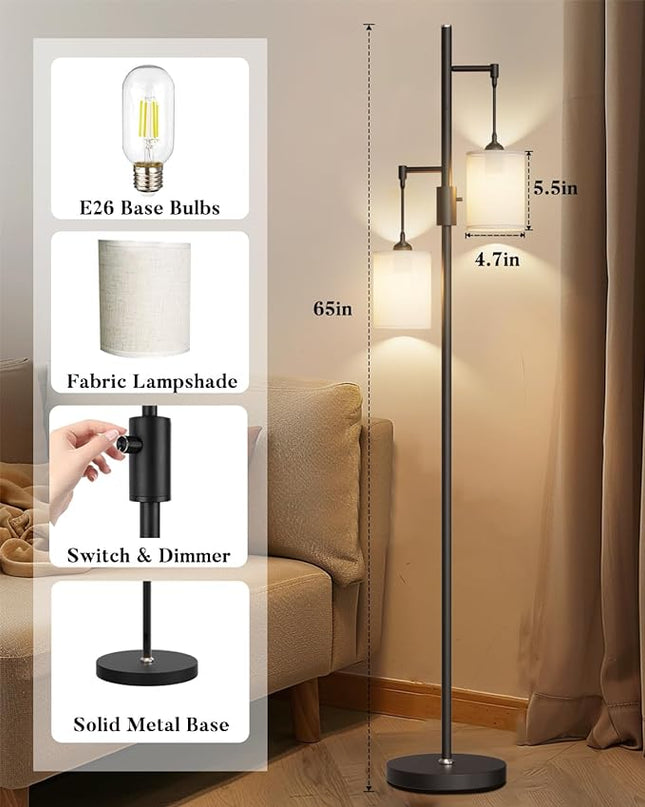 65IN Dimmable (Brightness Adjustable) Tree Floor Lamp, Mid Century Tall Standing Lamps with 2 E26 3000K LED Bulbs, Fabric Shades, Industrial Modern Floor Lamp for Living Room Bedroom - LeafyLoom