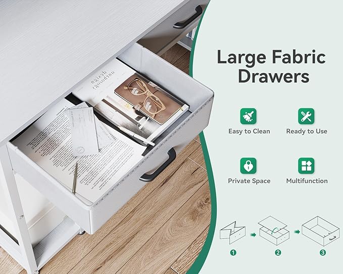 AODK 55 inch Computer Desk with 3 Drawers, Gaming Desk with LED Lights & Power Outlets, Home Office Desk with Storage Shelves & Monitor Stand, Modern Work Study Writing Table for Small Spaces, White - LeafyLoom