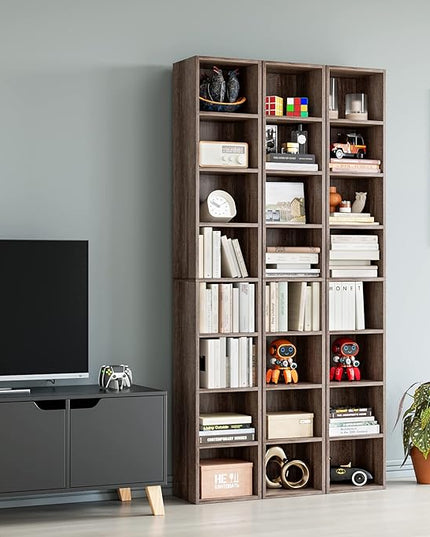FOTOSOK 8-Tier Media Tower Rack, 11.6 X 9.3 X 70.9 Inches CD DVD Slim Storage Cabinet with Adjustable Shelves, Tall Narrow Bookcase Display Bookshelf for Home Office, Oak - LeafyLoom