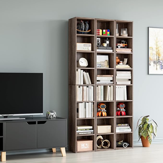 FOTOSOK 8-Tier Media Tower Rack, 11.6 X 9.3 X 70.9 Inches CD DVD Slim Storage Cabinet with Adjustable Shelves, Tall Narrow Bookcase Display Bookshelf for Home Office, Oak - LeafyLoom