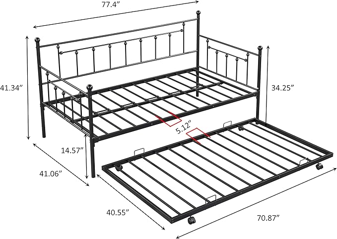 Twin Size Daybed with Trundle,Heavy-Duty Sturdy Metal Bed Frame,Noise Reduced,No Box Spring Needed,for Living Room Bedroom Apartment,Black - LeafyLoom
