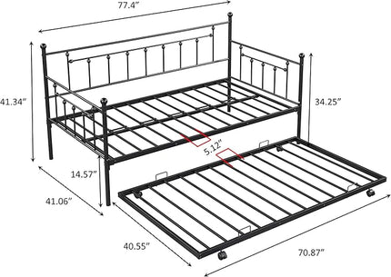 Twin Size Metal-Daybed with Trundle,Heavy-Duty Sturdy Metal,Noise Reduced,Trundle-Bed for Flexible Space,Vintage Style,No Box Spring Needed,Bedroom Living Room Furniture,Black - LeafyLoom