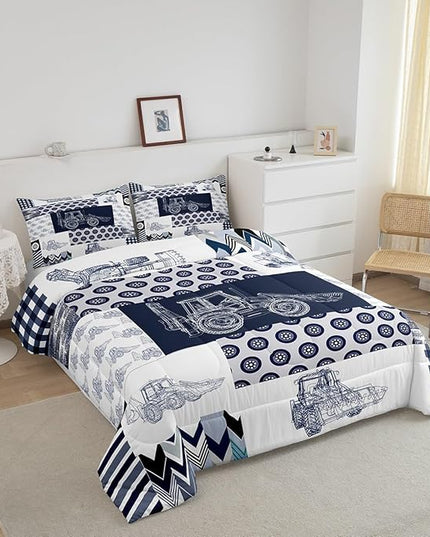 Kids Construction Comforter Set Full Size Equipment Trucks Bedding Set for Boys Cartoon Car Excavator Tractor Comforter Construction Vehicles Plaid Grid Blue and White Duvet Set - LeafyLoom
