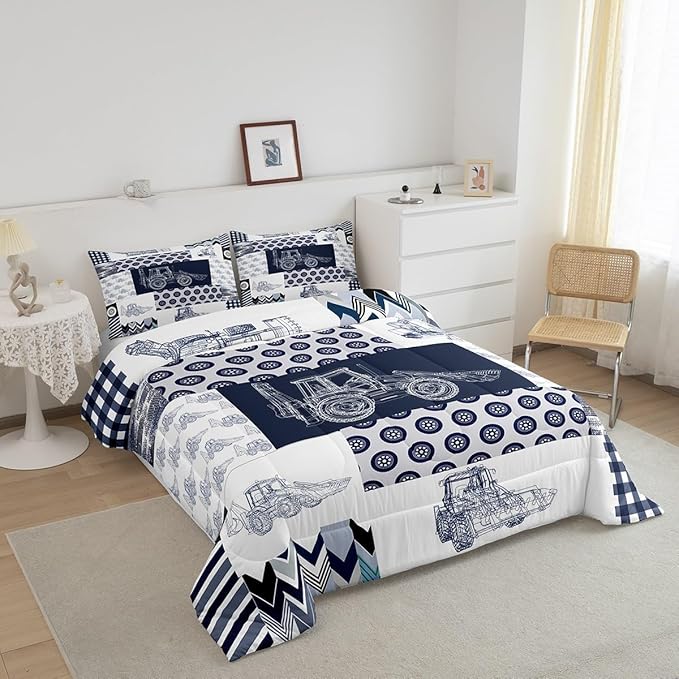 Kids Construction Comforter Set Full Size Equipment Trucks Bedding Set for Boys Cartoon Car Excavator Tractor Comforter Construction Vehicles Plaid Grid Blue and White Duvet Set - LeafyLoom