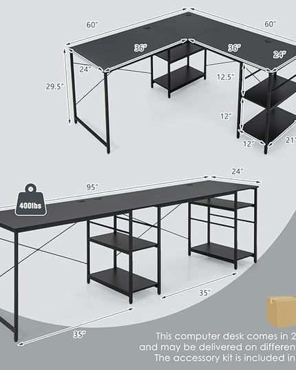 L-Shaped Home Office Desk, Corner Computer Desk w/Monitor Stand, Reversible PC Desk w/Heavy-Duty Metal Frame, Long Office Desk for 2 Person, Space-Saving Design (Black) - LeafyLoom
