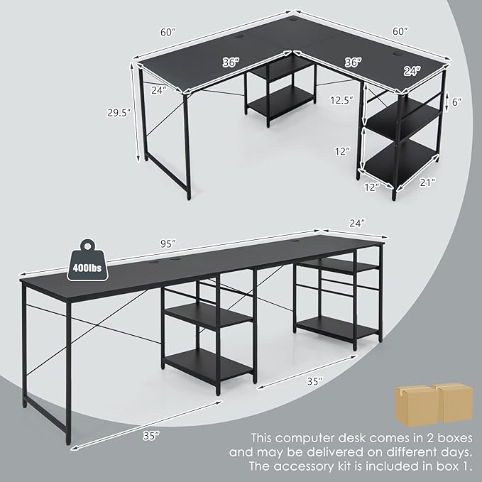 L-Shaped Home Office Desk, Corner Computer Desk w/Monitor Stand, Reversible PC Desk w/Heavy-Duty Metal Frame, Long Office Desk for 2 Person, Space-Saving Design (Black) - LeafyLoom