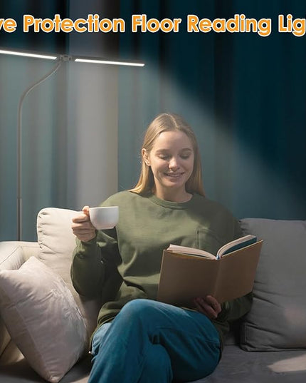 LED Floor Lamp - Foldable Dual Head Design, 24W Ultra Bright Adjustable 3000-5500K Color & 5 Step Brightness, Eye-friendly Anti-glare Reading Lamp with Remote, Standing Lamp for Office Study Drafting - LeafyLoom