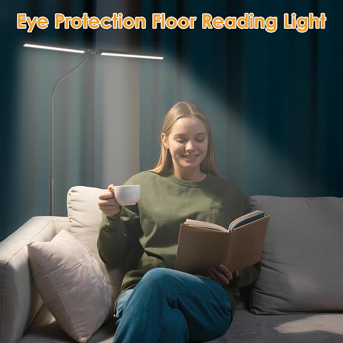 LED Floor Lamp - Foldable Dual Head Design, 24W Ultra Bright Adjustable 3000-5500K Color & 5 Step Brightness, Eye-friendly Anti-glare Reading Lamp with Remote, Standing Lamp for Office Study Drafting - LeafyLoom