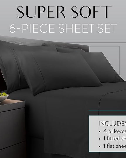 Danjor Linens Full Size Sheets Set - 6 Piece Set Including 4 Pillowcases- Deep Pockets - Breathable, Soft Bed Sheets - Wrinkle Free - Machine Washable - Black Bed Sheets - 6 pc - LeafyLoom