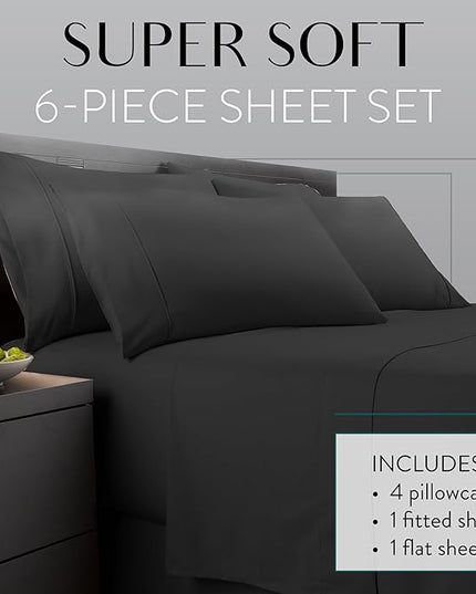 Danjor Linens King Size Sheets Set - 6 Piece Set Including 4 Pillowcases - Deep Pockets - Breathable, Soft Bed Sheets - Wrinkle Free - Machine Washable - Black King Bed Sheets - 6 pc - LeafyLoom