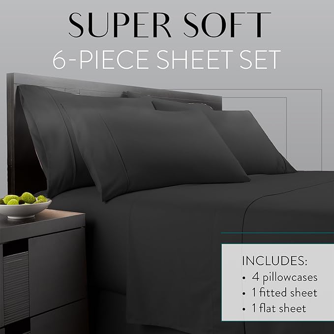Danjor Linens Queen Sheet Set - 6 Piece Set Including 4 Pillowcases - Deep Pockets - Breathable, Soft Bed Sheets - Wrinkle Free - Machine Washable - Black Sheets for Queen Size Bed - 6 pc - LeafyLoom