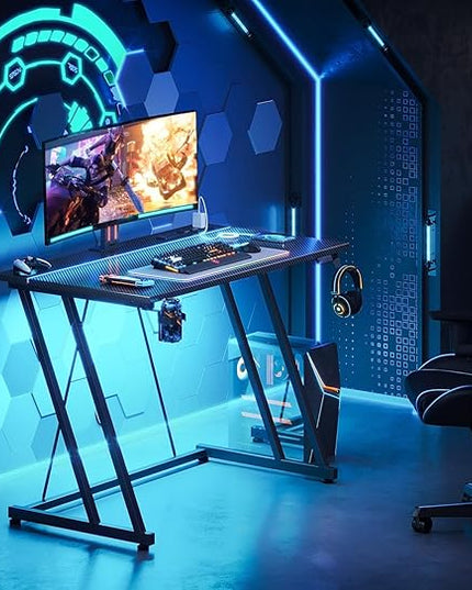 MOTPK Small Gaming Desk with LED Lights & Power Outlet, Computer Desk 31.5inch for Small Space, Cheap Gaming Table with Carbon Fiber Texture, Kids Desk Gift for Boys Men, Black - LeafyLoom