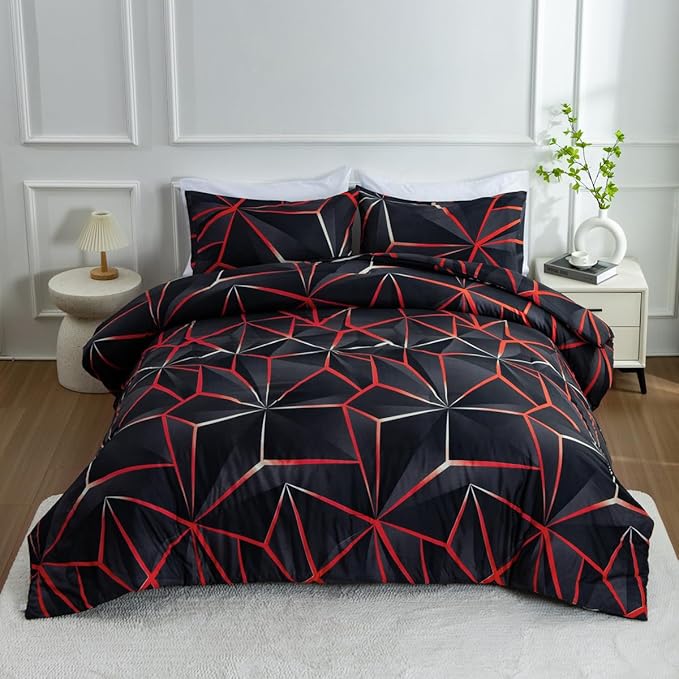 NTBED 3D Geometric Comforter Set for Boys Girls Kids, Irregular Diamond Pattern Lightweight Microfiber Bedding Sets All Season (Red, Twin) - LeafyLoom