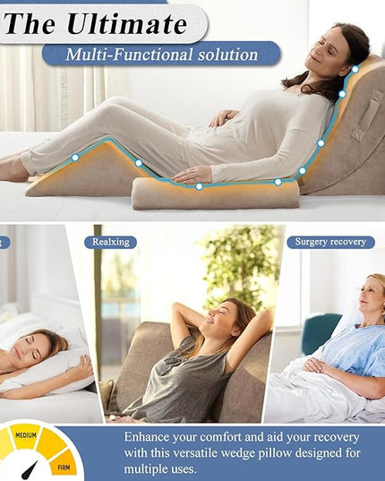 Axelrod 4PCS Orthopedic Bed Wedge Pillow Set, Post Surgery Foam for Back, Neck and Leg Pain Relief Comfortable & Adjustable Ortho Pillows- Anti Snoring, Heartburn, Acid Reflux & GERD Sleeping Brown - LeafyLoom