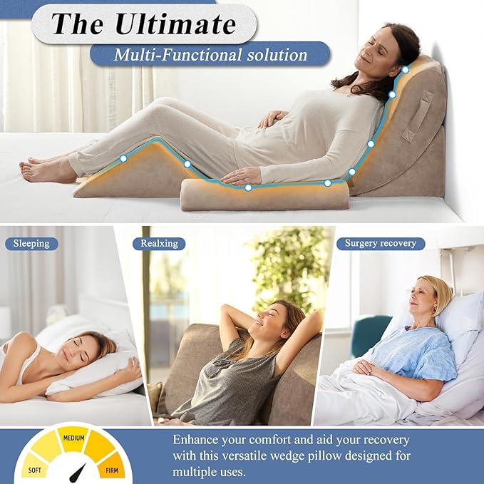 Axelrod 4PCS Orthopedic Bed Wedge Pillow Set, Post Surgery Foam for Back, Neck and Leg Pain Relief Comfortable & Adjustable Ortho Pillows- Anti Snoring, Heartburn, Acid Reflux & GERD Sleeping Brown - LeafyLoom