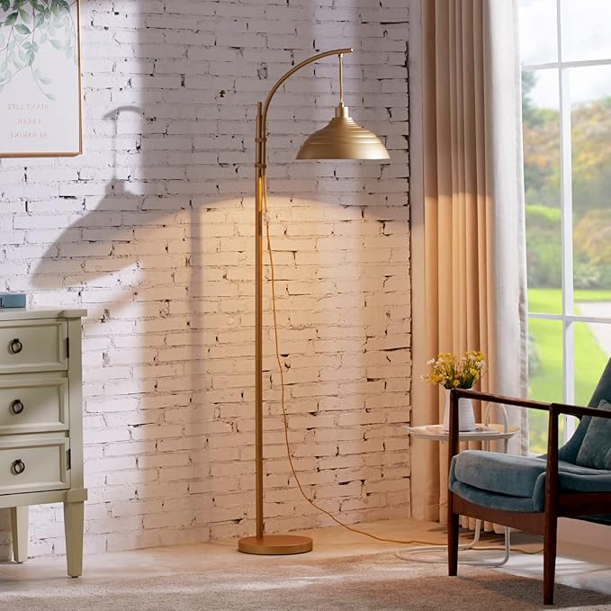 WOXXX Industrial Floor Lamp Modern Rustic Task Floor Lamp in Gold Finish, Standing Lamp Farmhouse Arc Floor Lamps for Living Room Bedrooms Office Vintage Arched Bright Brass Tall Reading Lamp - LeafyLoom