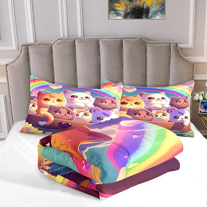 Kids Cat Comforter Set - Cat Bedding Set Full Size Cat Comforter Cartoon Cat Rainbow Printed Bedding Sets for Kids Girls Kawaii Cat Quilt Set, 1 Comforter+2 Pillowcases - LeafyLoom