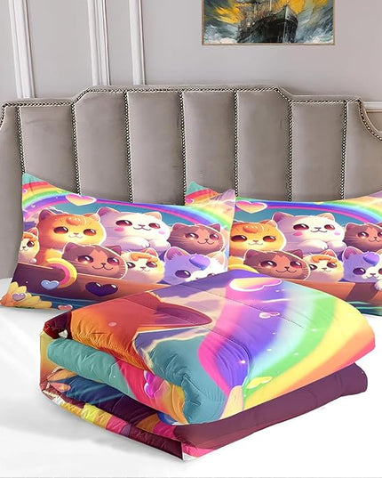 Cat Bedding Set Queen Size, Cartoon Cat Comforter Set, Lovely Animal Pattern and Rainbow Prints Bedding Sets for Kids Girls Kawaii Cat Queen Size Quilt Sets with 2 Pillowcases - LeafyLoom