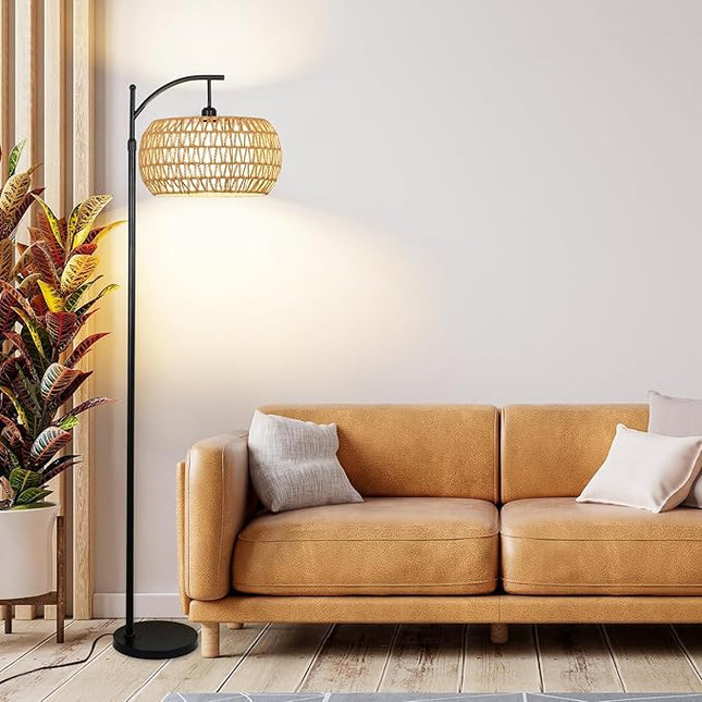 Floor Lamp for Living Room Bedroom Boho Rattan&Fabric Arc Standing Lamp with Remote Dimmable Black Farmhouse Wicker Bamboo Lamp Shade Floor Light Tall Lamp Industrial Floor Lamps Bohemian Decor - LeafyLoom