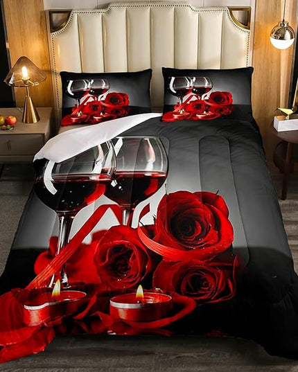 Erosebridal Rose Wine Glass Comforter Set for Girls Red Black Rose Bedding Set Full Size Floral Blossom Quilt Set Banquet Flower Romantic Valentine's Day Duvet Set, Women Men Adult Grey Comforter Set - LeafyLoom