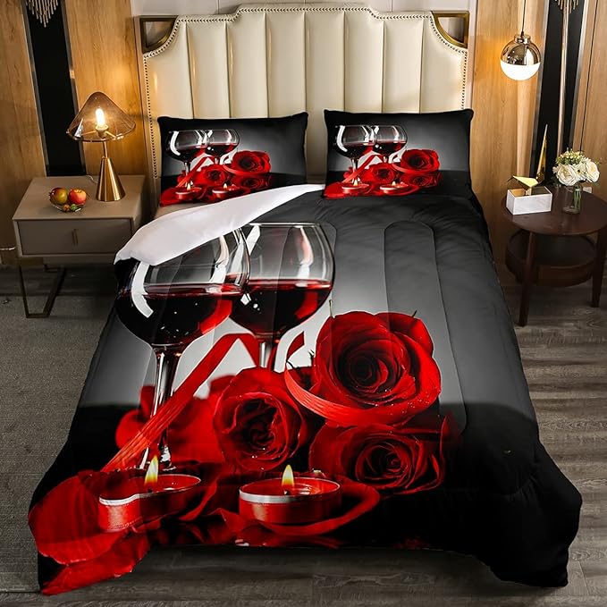 Erosebridal Rose Wine Glass Comforter Set for Girls Red Black Rose Bedding Set Full Size Floral Blossom Quilt Set Banquet Flower Romantic Valentine's Day Duvet Set, Women Men Adult Grey Comforter Set - LeafyLoom