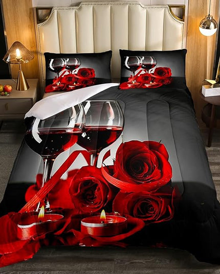 Rose Wine Glass Comforter Set for Girls Red Black Rose Bedding Set Queen Size Floral Blossom Quilt Set Banquet Flower Romantic Valentine's Day Duvet Set, Women Men Adult Grey Comforter Set - LeafyLoom