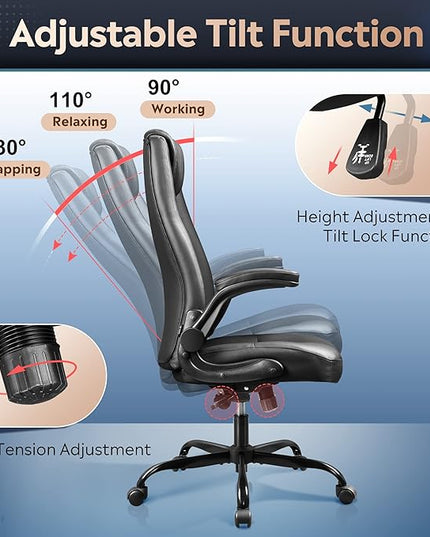 DEVAISE Computer Office Chair, High Back Ergonomic Desk Chair with Adjustable Flip-up Armrests, Lumbar Support and Thick Headrest, Executive Suede Fabric Swivel Task Chair, Black - LeafyLoom