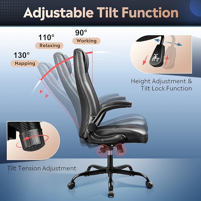 DEVAISE Computer Office Chair, High Back Ergonomic Desk Chair with Adjustable Flip-up Armrests, Lumbar Support and Thick Headrest, Executive Suede Fabric Swivel Task Chair, Black - LeafyLoom