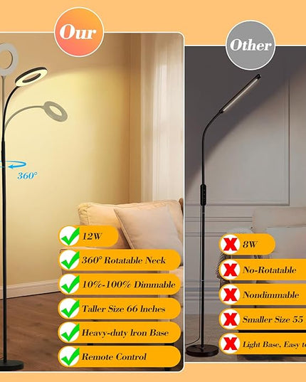 LED Floor Lamp, 12W/1000LM Reading Light, 3 Color Temperatures Bright Modern Tall Lamp, Adjustable Gooseneck Standing Lamp with Remote & Touch Control for Living Room, Bedroom, Office - LeafyLoom