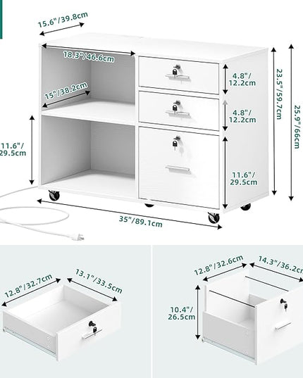 YITAHOME File Cabinet with Lock, 3 Drawer Filing Cabinet with Charging Station, Printer Stand with Storage, Office Pedestal Files for Hanging Files Letter/Legal/A4, White - LeafyLoom