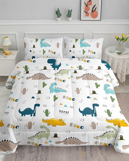 Datura home Dinosaur Comforter Set White Kawaii Dinosaur Printed Quilt Bedding Set with 1 Comforter and 2 Pillowcases for Boys and Girls Bedroom All Season(White Dinosaur Full) - LeafyLoom